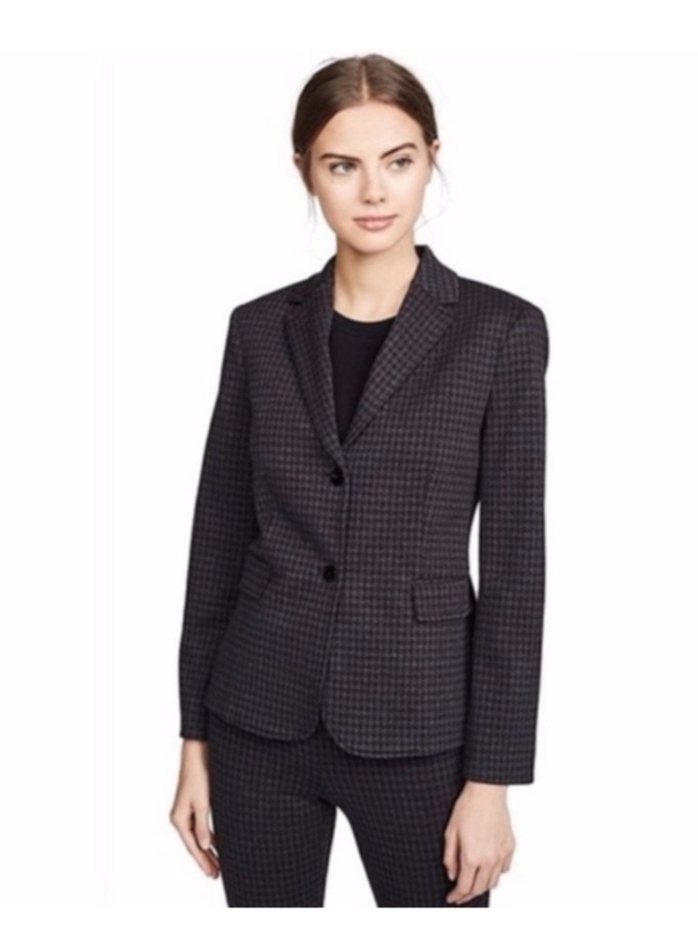Theory Shrunken Houndstooth Twill Two Button Blazer Size 4 Brown Black Classic